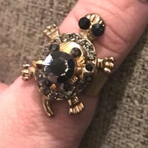 Rotating/Spinning Gold Mom & Baby Turtle Black Rhinestone Ring Adjustable CUTE!